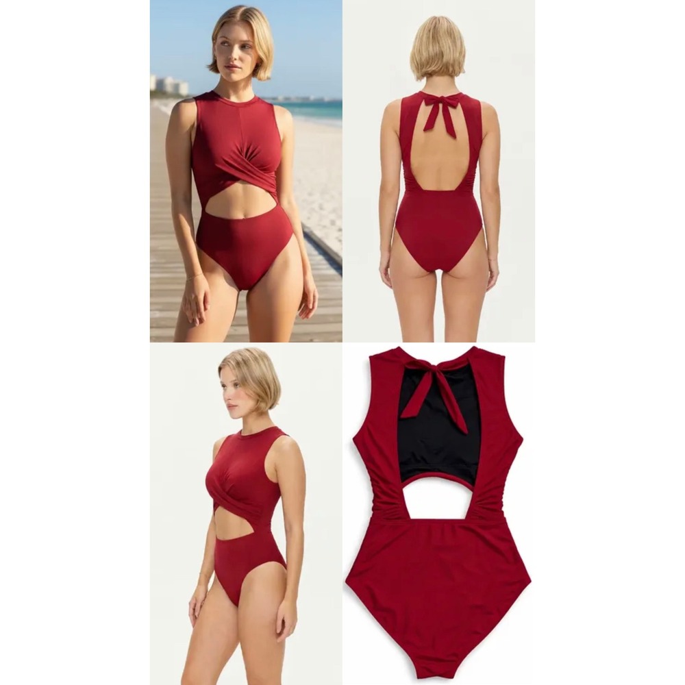 Charmo Womens Burgundy High Neck Twist Front Cutout One Piece Swimsuit UPF 50+ M